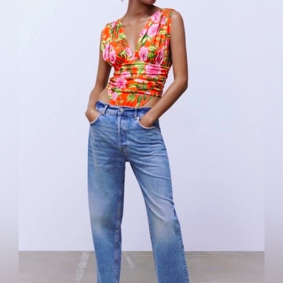 ZARA Draped Floral Deep Plunge Bodysuit Women's Size M - Picture 1 of 9